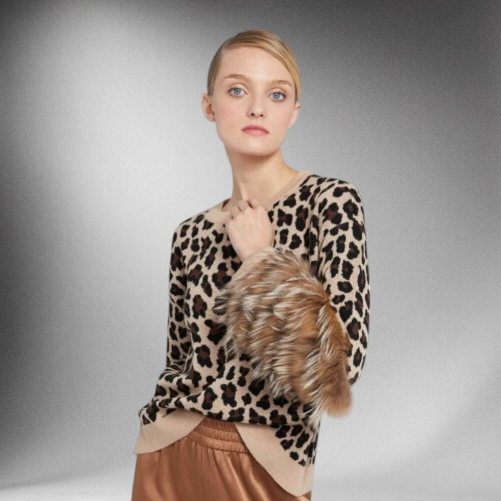 Alice + Olivia XS Sheila Fox Fur‎ Statement Sleeve Sweater Leopard Print Wool